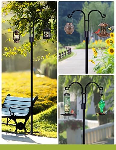 Double Shepherds Hooks for Outdoor, 2 Pack 76 Inch Bird Feeder Pole with 5 Prongs Base, Heavy Duty Garden Hook for Hanging Plant, Lantern, Hummingbird Feeder