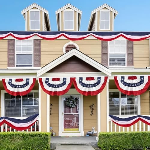 4Pack Bunting Flag 2x4 Ft American Patriotic Bunting 4th of July Decor Outside Porch USA Pleated Half Fan Flag Decorate Garden Embroidered Star Red White & Blue Banner