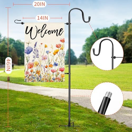Garden Flag Stand for Outdoor,Heavy Duty Garden Flag Holder for 12x18 Flags, 46 Inches Gaden Flag Pole with Shepherd Hooks for Patio and Yard Decorations
