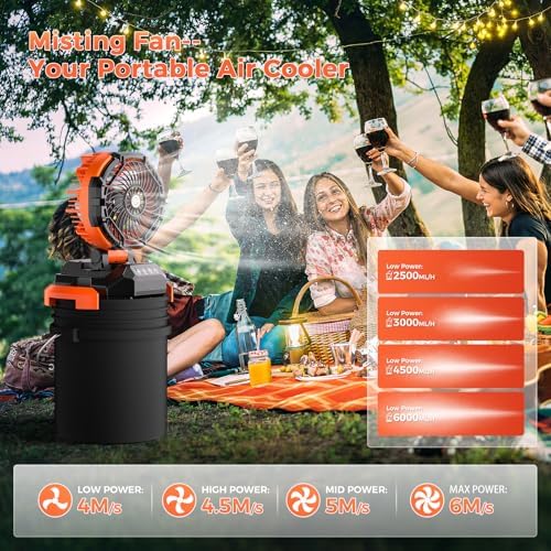 Portable Misting Fan, 30000mAh Rechargeable Battery Powered Floor Cooling Fan with 4 Strong Winds, 4 Spray Mister, Adjustable Base for 10-13in Bucket for Camping, Beach, Patio (No Bucket)- Orange