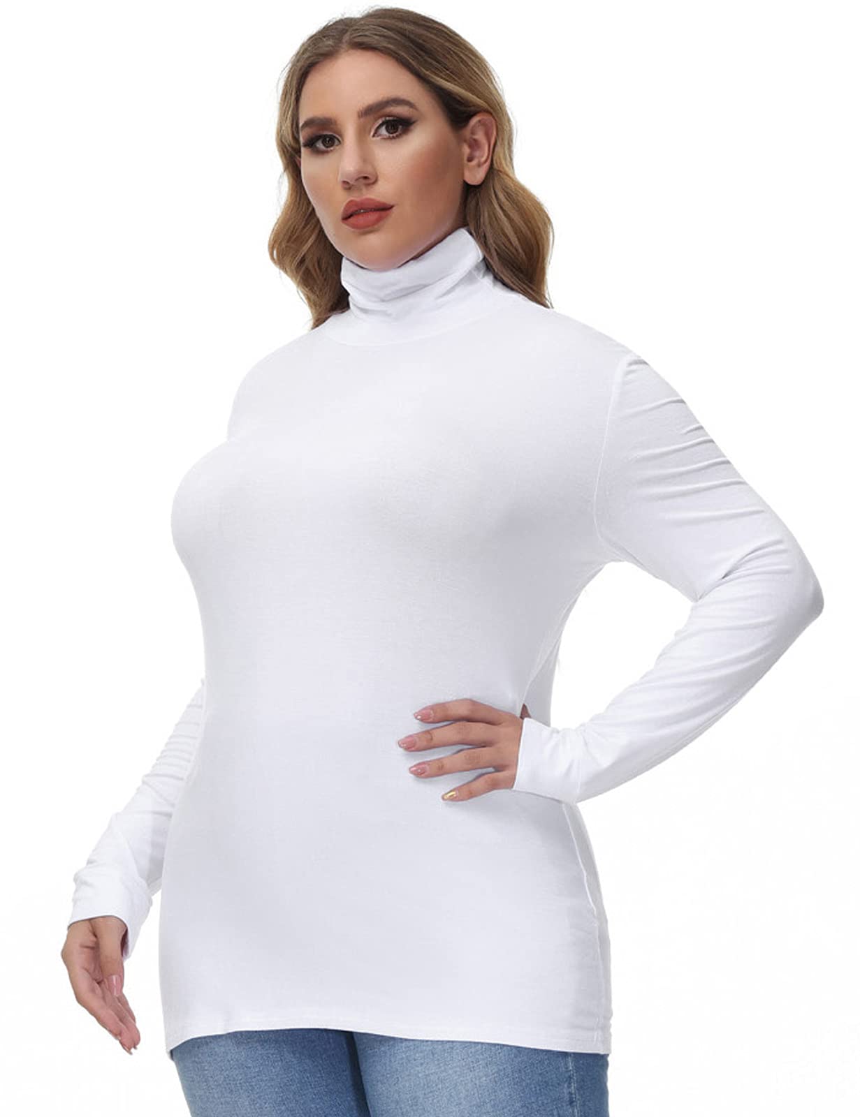 Hanna Nikole Plus Size White Turtle Neck Tops for Women Long Sleeve Fitted Stretchy Base Layer Tunics Shirt 18W 2X