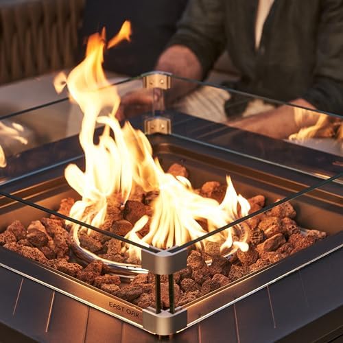 EAST OAK Glass Wind Guard for 28''&32'' Propane Fire Pit Table, Clear Tempered Wind Guard for Gas Firepit, Thick Rectangle Glass Shield with Aluminum Corner Bracket & Rubber Feet,20 x 20 x 4 inch