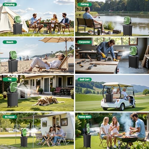 Ausic 12-inch 20L Bucket Misting Fan Portable, 30000mAh Outdoor Fans for Patios/Camping/Beach/Golf etc., Rechargeable Battery Powered Water Cooling Fan with LED Light, Timer, Caster, Oscillating