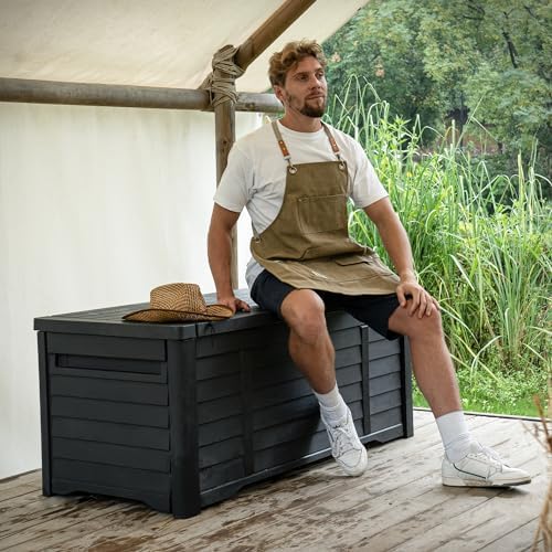 YITAHOME 120 Gallon Large Outdoor Storage Deck Box, Waterproof Cushion Storage Bench with Lockable Lid for Patio, Pool Supplies, Garden Tools, Resin, Black