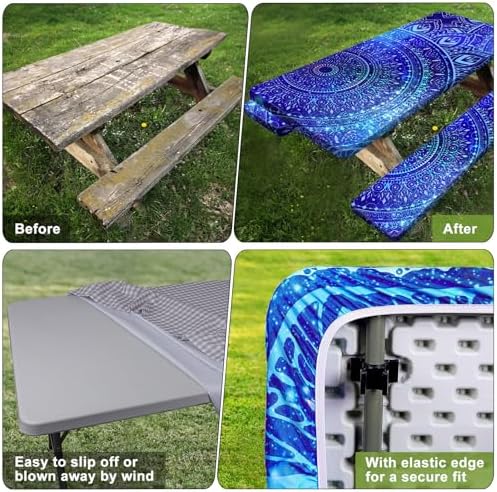 Picnic Table Cover with Bench Covers Camping Essentials Waterproof Windproof Camping Tablecloth with Drawstring Bag, Fitted Rectangle Tables and Seats, 72in, Blue Purple