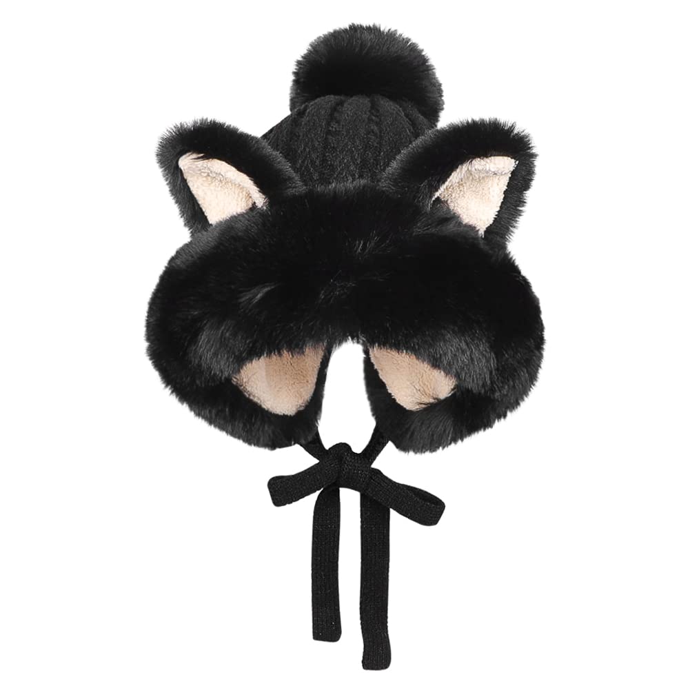 Winter Cute Faux Fur Beanie Hat Women Fox Cat Ear Furry Bucket Hat Cover with Earflap Pompom Russian Warm Plush Trapper Hat Black