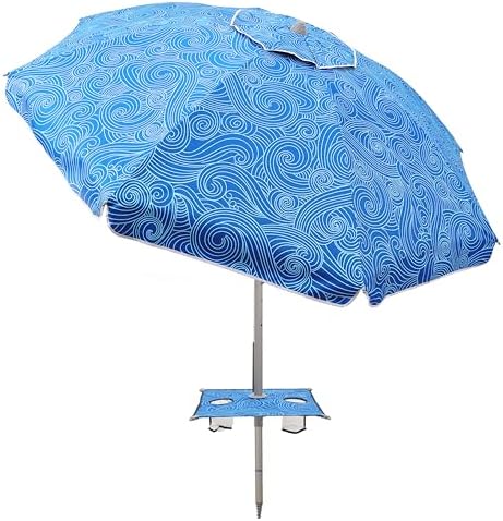 7ft Beach Umbrella with Built-in Table Tray,UPF 50+ beach umbrellas for sand heavy duty wind portable, Windproof Outdoor Shade Umbrella for Patio Garden