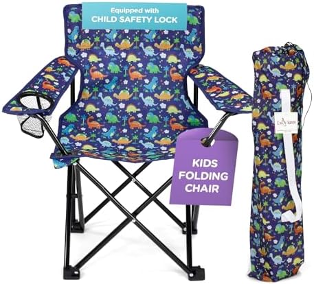 Emily Rose Kids Folding Beach Camping Chair Chair with Safety Lock, Cup Holder & Carry Case - Boys Girls Small Toddler Tailgate, Travel, Lawn Chair for Indoor & Outdoor (Playful Dinosaurs)