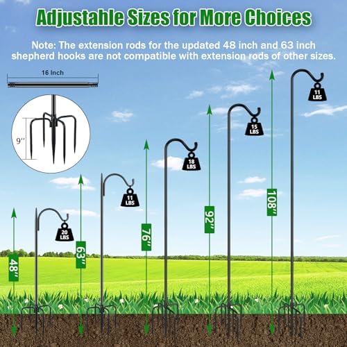 FEED GARDEN [Upgrade Version Adjustable Shepherds Hook Bird Feeder Pole with 7 Prongs Base, 76 Inch Tall Heavy Duty Outdoor Garden Poles for Hanging Bird Feeders, Plant Baskets, Black (1 Pack)