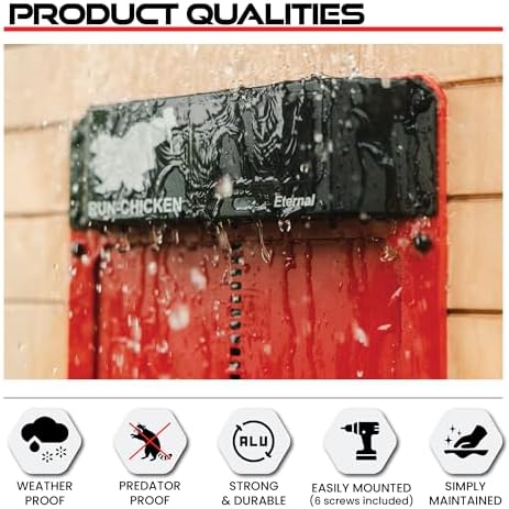 RUN-CHICKEN Door (Red) Solar, Chicken Coop Door, Battery Powered Automatic Chicken Coop Door, Programmable Electric Chicken Door with Timer, Light Sensor, Solar Powered, Eternal