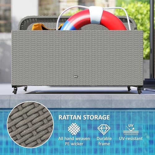 Outsunny Wicker Patio Pool Float Storage Basket, PE Rattan Outdoor Pool Caddy with Rolling Wheels for Floaties, Noodles, Life Vests, Beach Balls, Toys, Patio Furniture, Mixed Gray