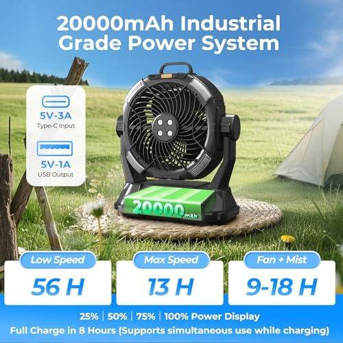20000mAh Misting Fan with 6L Bucket & 4 Spray Misters, Waterproof Outdoor Cooling Fan for Camping/Patios - Remote Control, 4 LED Light, Stepless Speed & 56H Runtime, Rechargeable Battery, Hanging Hook
