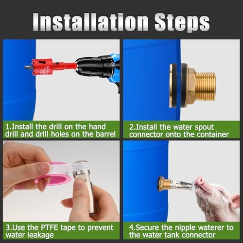 Pig Nipple Waterer, 5 Pcs Stainless Steel Automatic Hog Drinker Feeder Kit for Barrel with Brass Water Tank Connector Bulkhead Fitting for Hog Piglets Goat Waterering System