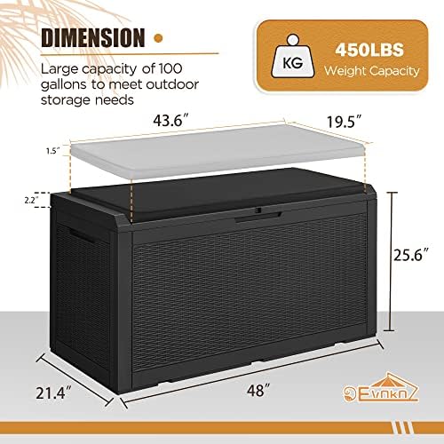 Devoko 100 Gallon Waterproof Large Resin Deck Box Outdoor Storage Box Indoor Lockable Storage Container with Cushion for Patio Furniture Garden Pool Cushions (Black)