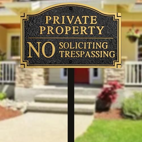 Private Property No Soliciting No Trespassing Statement Plaque,Solid Metal Cast Yard Sign, Heavy Duty Material, Embossed Letters,11.5"×7.5" with 31.5" Stakes and Upgraded Stainless Screws