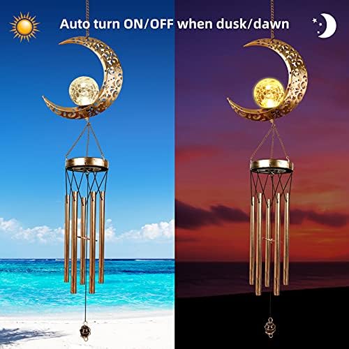 Solar Wind Chimes, Sun Wind Chime Outdoor Clearance w/Glowing Crackle Glass LED Unique Wind Bells for Outside Waterproof Chimes, Gifts for Her/Him (42" Long Metal Chimes)…