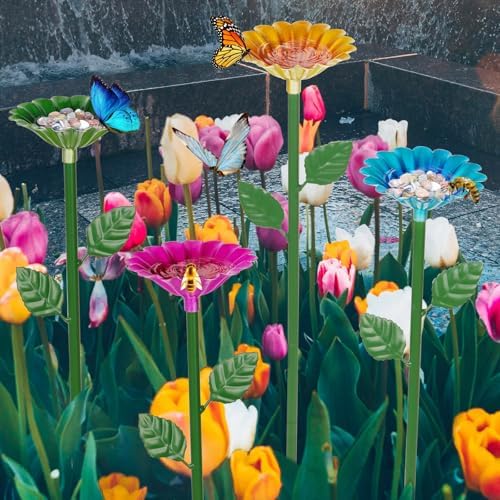 4 Pack Bee Watering Station, Bee Bath for Garden Metal Bee Water Feeder with Flower Design, Colorful Butterfly Bee Bath Bowl for Outdoor Garden Yard Decor (Red,Green,Blue,Yellow)