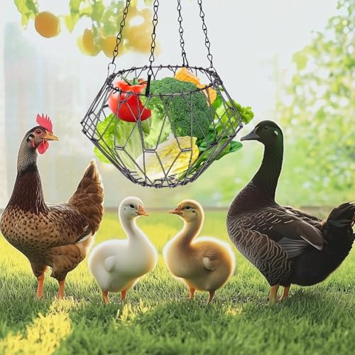 Hanging Chicken Feeder, Chicken Toys for Coop, Foldable Large Poultry Vegetable Fruits Feeder Basket with Hanging Chain, Chick Feeder for Chicken/Hens/Duck/Rabbit, M 2PCS