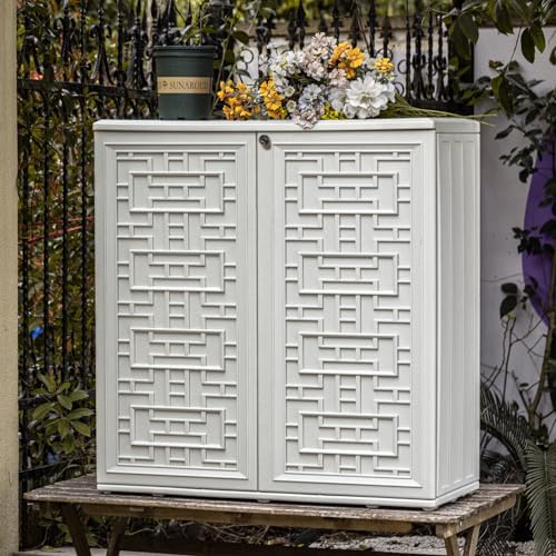 Indoor Outdoor Storage Cabinet Waterproof with Shelf, Off White Plastic Outdoor Cabinets for Patio/Garden/Backyard, Size 34.3''L*15''W*36.2''H