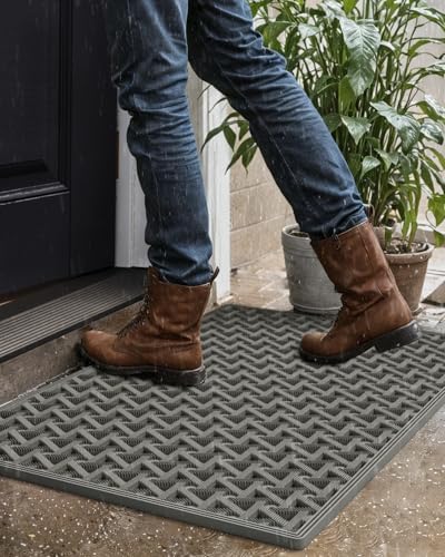 DEXI Front Door Mat Outside Entrance Rubber 24x36, Welcome Floor Doormat Heavy Duty Non Slip, Dirt Trapper Waterproof Exterior Entry Mats All Weather for Patio Entryway Drainage, Grey