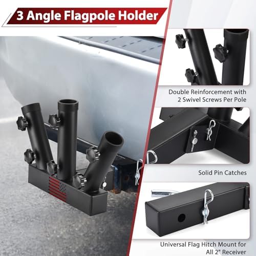 GADFISH Trailer Hitch Flagpole Mount, Two Mounting Options US Flag Hitch Mount, Universal Flag Hitch Mount for All 2" Receiver, Trailer Hitch Flag Pole Holder for Driving, Black