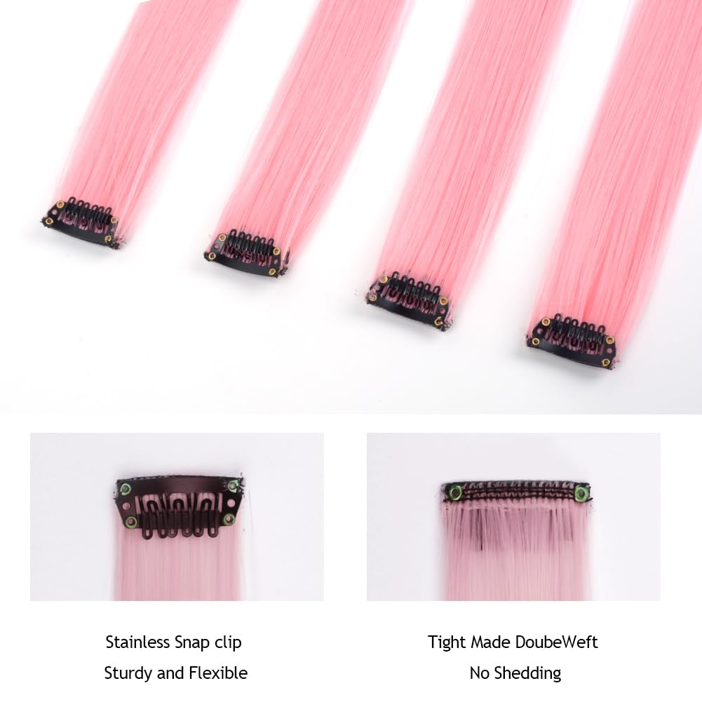 KGBFASS Colored Clip in Hair Extensions 20Inch Straight Syntactic Pink Color Hairpiece Rainbow Party Highlights for Women Girls Kids 16Pcs (Pink Ⅱ)