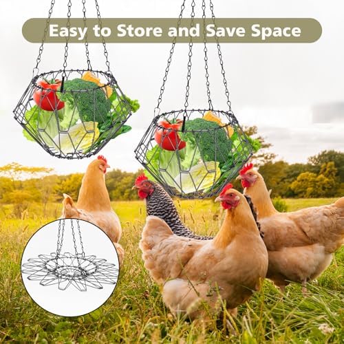 Hanging Chicken Feeder, Chicken Toys for Coop, Foldable Large Poultry Vegetable Fruits Feeder Basket with Hanging Chain, Chick Feeder for Chicken/Hens/Duck/Rabbit, M 2PCS