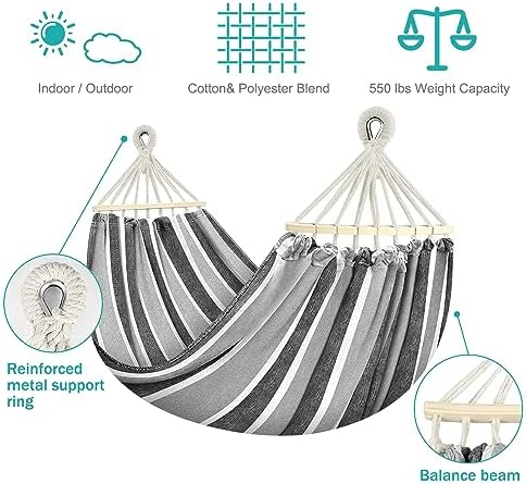 MOSFiATA Hammocks Portable Camping Hammock Upgraded 550lb Comfortable Fabric Hammock with Two Anti Roll Balance Beam and Sturdy Tree Straps for Camping, Patio, Backyard, Outdoor (Grey)