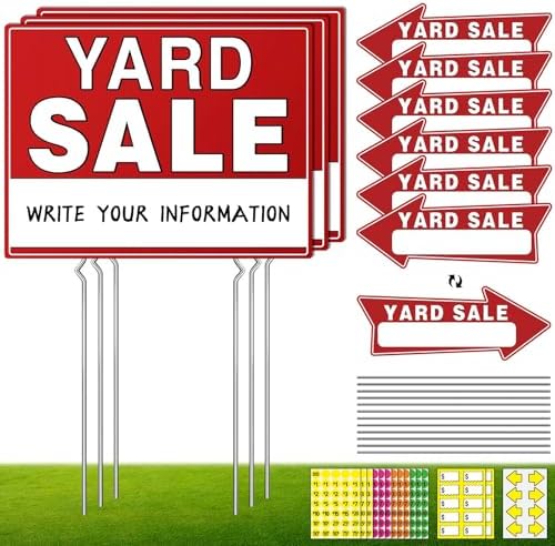 14pcs Yard Sale Signs, 17" x 13", Double Sided with Metal Stake, Pricing Stickers, Directional Arrows & Neon Stickers, Garage Sale Supplies