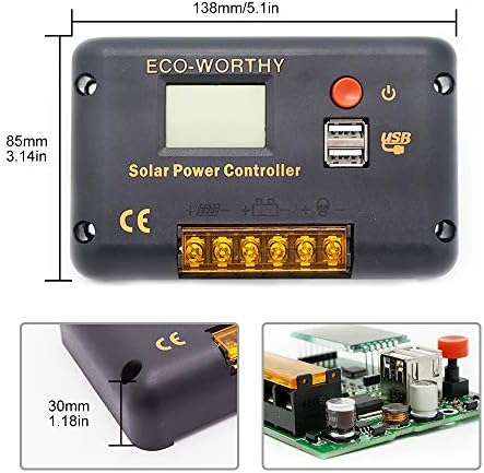 ECO-WORTHY 30A Solar Charger Controller Solar Panel Battery Intelligent Regulator with Dual USB Port Auto 12/24V PWM Positive Ground for Lithium,Lead-Acid,Gel Battery