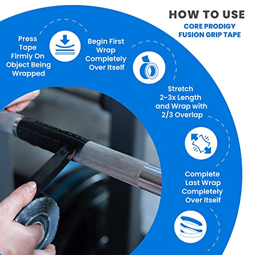 Core Prodigy Fusion Grip Tape - Silicone Rubber Wrap for Pull Up Bars, Barbells, Dumbbells, Sports and Gym Equipment, and Tools (10 Foot, Black)