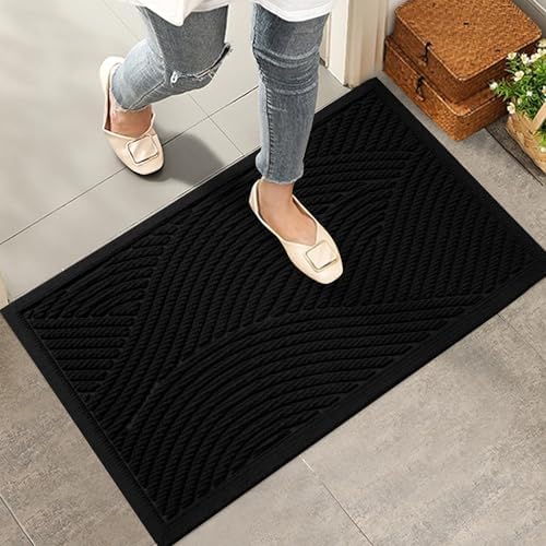 Sturdy Front Door Mat, Absorbent Muddy Dirt Resist Welcome Door Mats Outdoor Indoor, Stain and Fade Resistant, Non-Slip Backing Entry Mat Low Profile Doormat for Entryway, 36×24, Black