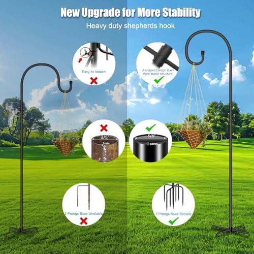 SZHLUX Adjustable Shepherds Hook for Outdoor 76 Inch Bird Feeder Pole with 7 Prongs Base, 5/8 Inch Thick Heavy Duty for Hanging Bird Feeder, Plant Basket