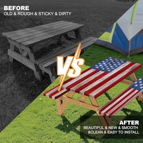 Picnic Table Cover with Bench Covers American Flag Waterproof Windproof Fitted Outdoor Tablecloth with Elastic Rectangle Table Cloth Camping Accessories,72x30 Inch