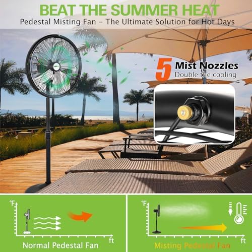 hykolity 18 inch Oscillating High-Velocity Outdoor Pedestal Misting Fan, 3-Speed Patio Fans for Outside, Adjustable Height, 120° Oscillation, Waterproof, Industrial Fan for Outdoor