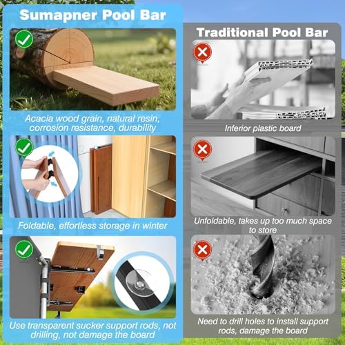 Above Ground Pool Bar Table, Acacia Solid Wood Foldable Poolside Bar, Fits Round or Oval Top Rail 3.7" or Less, Swim Up Bar Shelf Holds up to 110LBS, Frame Above Ground Pool Accessories