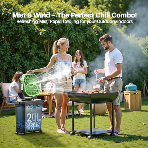 Ausic 12-inch 20L Bucket Misting Fan Portable, 30000mAh Outdoor Fans for Patios/Camping/Beach/Golf etc., Rechargeable Battery Powered Water Cooling Fan with LED Light, Timer, Caster, Oscillating