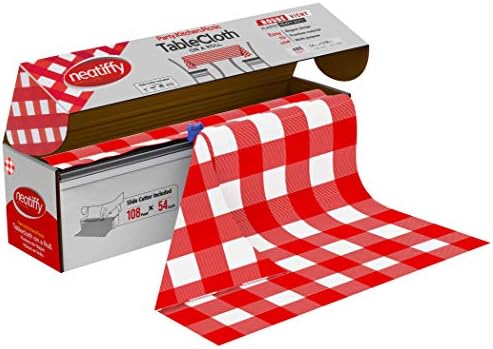 Neatiffy Disposable Plastic Table Cloth Roll | 54 in x 108 Ft Waterproof Tablecloth | Table Cover for Rectangle, Square, Round Oval Tables | Picnic, Party, Banquet, Birthdays, Weddings, Red Checkered