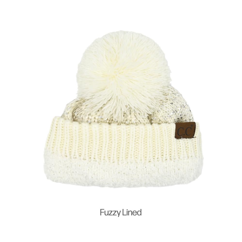 C.C Sequin Pom Beanie for Women - Acrylic Stretchable Soft Warm with Pom Knit Winter Skully Hat (Ivory/Silver)