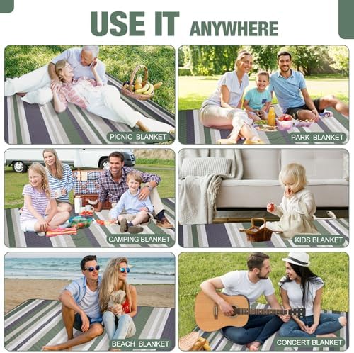 Picnic Blankets Outdoor Extra Large - 80"x80" Portable Waterproof Picnic Blanket, Machine Washable 3-Layer Foldable Picnic Mat with Sandproof Backing for Grass, Park, Hiking, Concerts (GreenStrip)