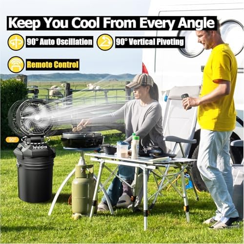 PANERGY Portable Misting Fan for Outdoors-30000mAh Rechargeable Battery, 4-Speed Fan,4 Spray Modes,10-13 Inch Bucket Compatible,Auto Oscillation&Adjustable Tilt,Remote Control for Camping/Beach/Patio