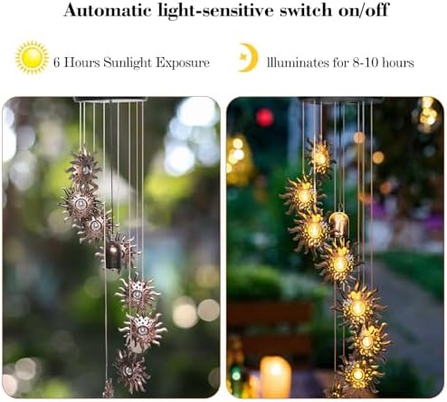 8 LED Solar Upgarde Sun Moon Star Wind Chimes Outdoor,Mom Gifts for Mothers Day Grandma Gift Sun Wind Chimes for Outside,Hanging Lights Warm LED,Outdoor Sun Decor,Gifts for Wife