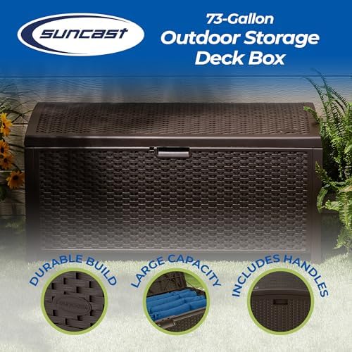 Suncast 73-Gallon Medium Deck Box - Lightweight Resin Indoor/Outdoor Storage Container and Seat for Patio Cushions and Gardening Tools - Store Items on Garage, Yard - Mocha Brown