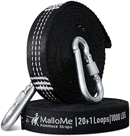 MalloMe XL Hammock Straps for Trees - Hammock Tree Straps Set 2000+ LBS Heavy Duty 40 Loops & 100% No Stretch Suspension System Kit - Camping Hammocks Accessories | 2 Carabiners | 12 Feet Black