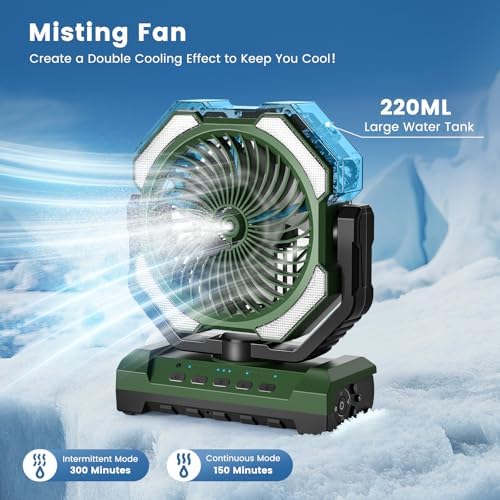20000mAh Portable Misting Fan, USB Rechargeable Camping Fan with LED Light, Personal Battery Operated for Outdoor, Tents, Beach, Travel - 250mL Water Tank & Hook Included, Green.