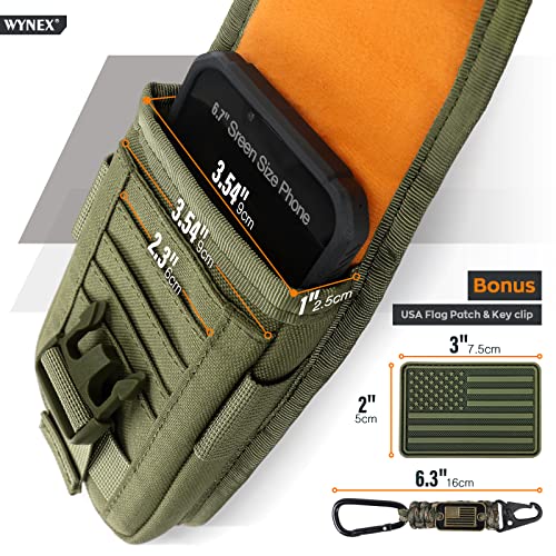 WYNEX Tactical Molle Phone Pouch with Compass Buckle, Tactical Phone Holster Molle Cell Phone Pouch Universal Belt Waist Bag for IP 15/14/13 Pro Max / S22/S21 with US Patch & Paracord Keyring Clip