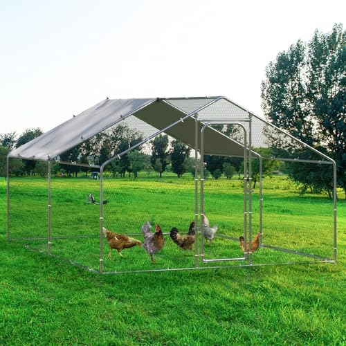 BOSSIN Bold Chicken Coop Run Large Metal Chicken Pen Outdoor, Poultry Cage Spire Shape, Heavy Duty Walkin for Yard with Waterproof and Anti-UV Cover, for Rabbits Habitat
