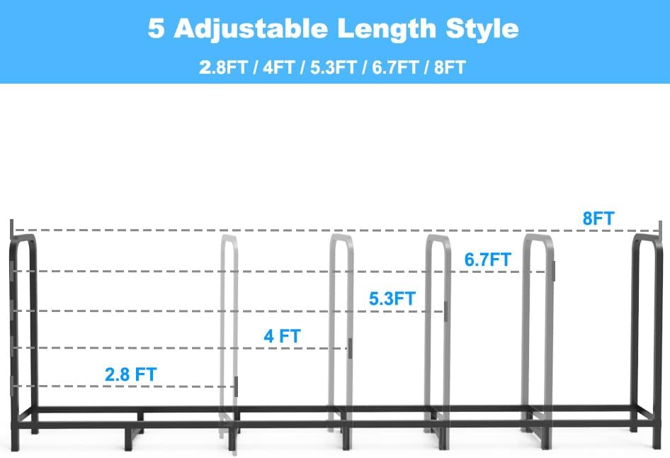 8ft Firewood Rack Holder, Adjustable Heavy Duty Fire Log Stacker Stand for Fireplace, Outdoor Indoor Metal Wood Pile Storage Organizer, Patio Logs Stand tool, Black