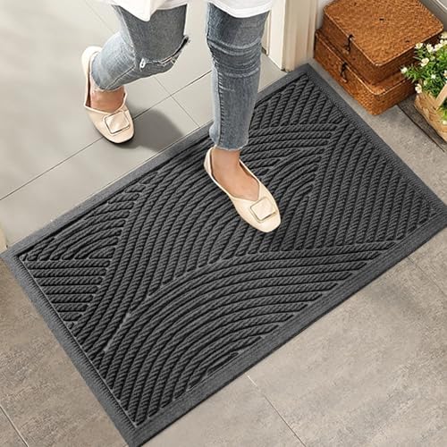Sturdy Front Door Mat, Absorbent Muddy Dirt Resist Welcome Door Mats Outdoor Indoor, Stain and Fade Resistant, Non-Slip Backing Entry Mat Low Profile Doormat for Entryway, 36×24, Grey