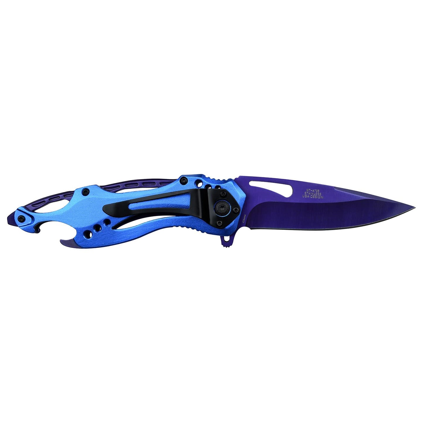 MTech USA – Folding Knife – Fine Edge Purple TiNite Coated Stainless Steel Blade, Blue Aluminum Handle, Pocket Clip, EDC - MT-A705PBL
